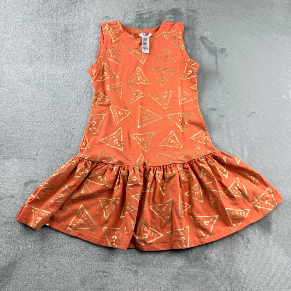 Guess Kids Girls 8 Orange Gold Metallic Logo‎ Sleeveless Drop Waist Ruffle Dress
